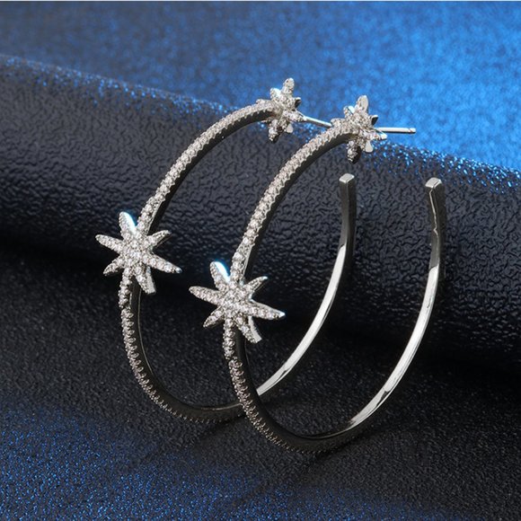 NEW Silver/Gold Diamond Double Star Hoop Earrings - Picture 2 of 5